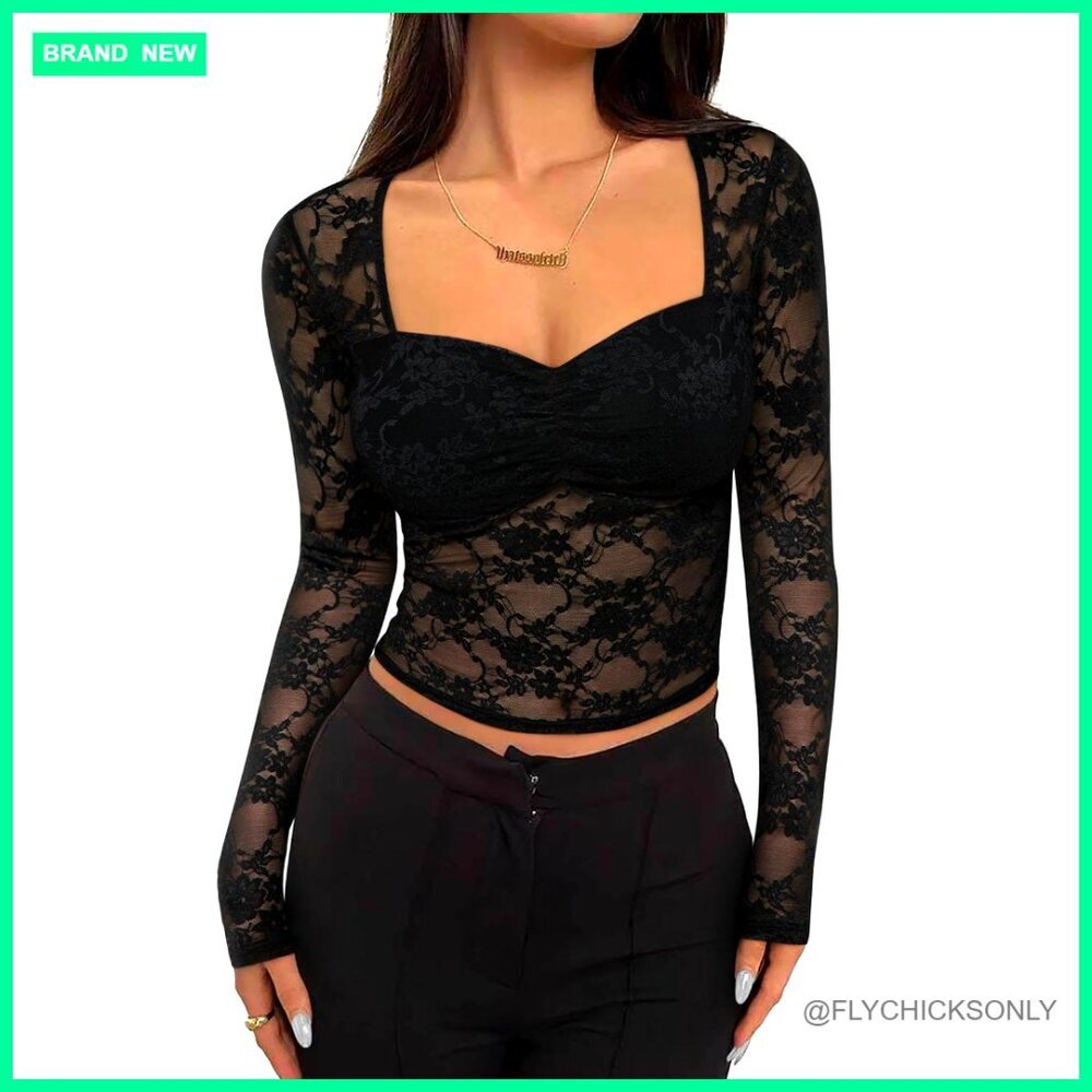 Sheer Mesh Long Sleeve Top Floral Lace Fitted Blouse Y2K Style
